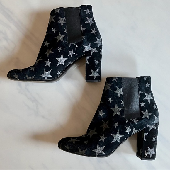 Saint Laurent Black Suede Metallic Silver Star Ankle Boots 9.5 / 40 - Picture 2 of 5